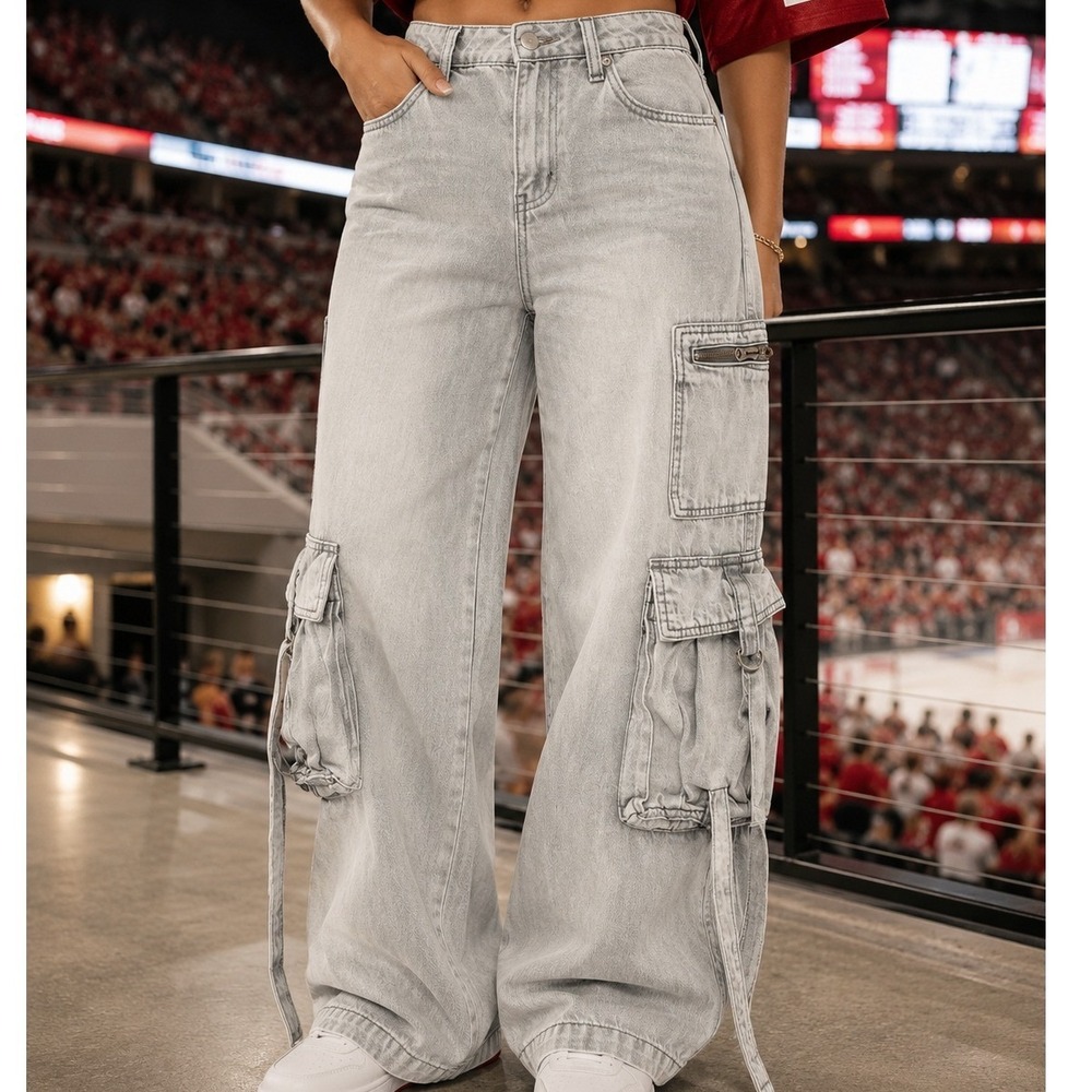 Wild Fable Gray Baggy Cargo Pants Wide Leg Mid Rise Utility Jeans Size 0/R‎